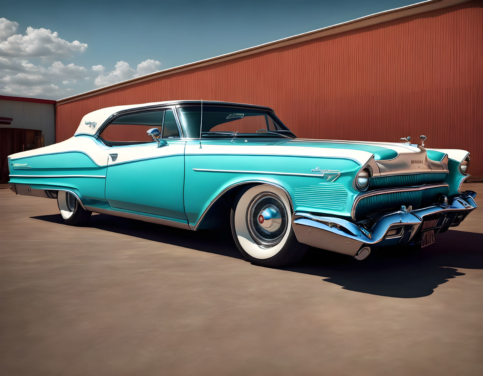 1957 Buick Special: Vintage Turquoise and White Car Parked Outside Red Building