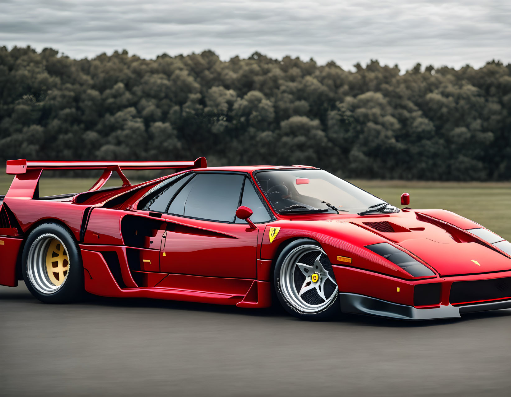 Red Ferrari F40 with Large Rear Wing on Track Displaying Sleek Design