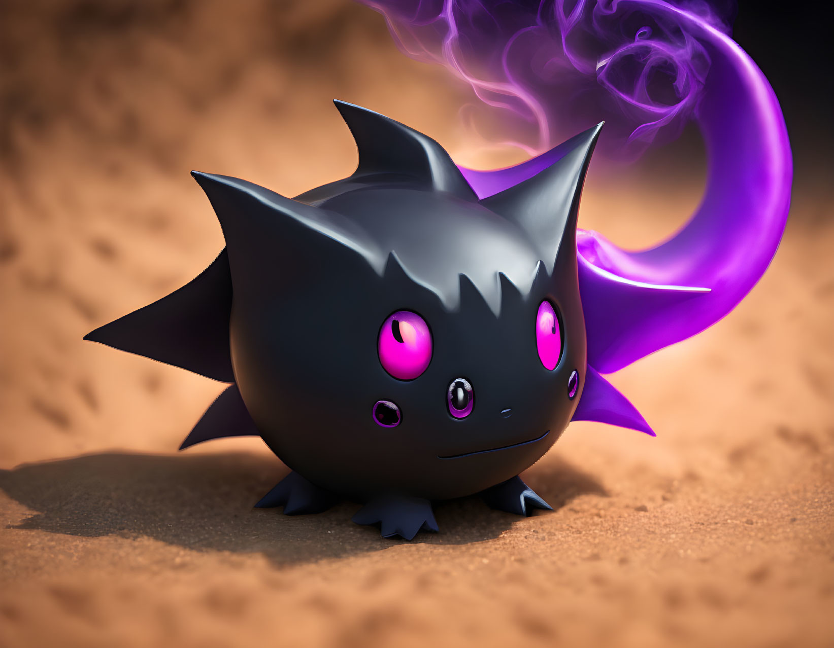 Stylized 3D-animated creature with black skin, purple eyes, spikes on sandy surface