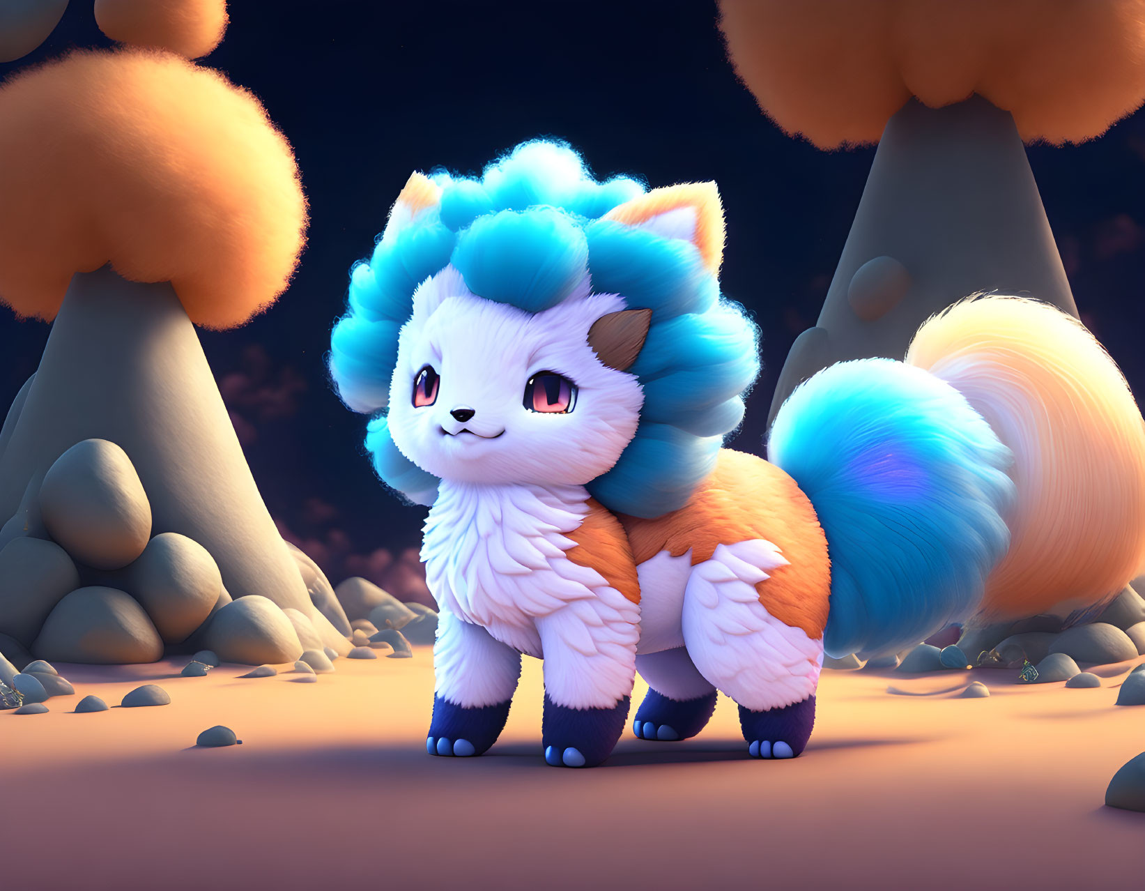 Blue and White Fluffy Cartoon Feline in Whimsical Orange Stone Environment