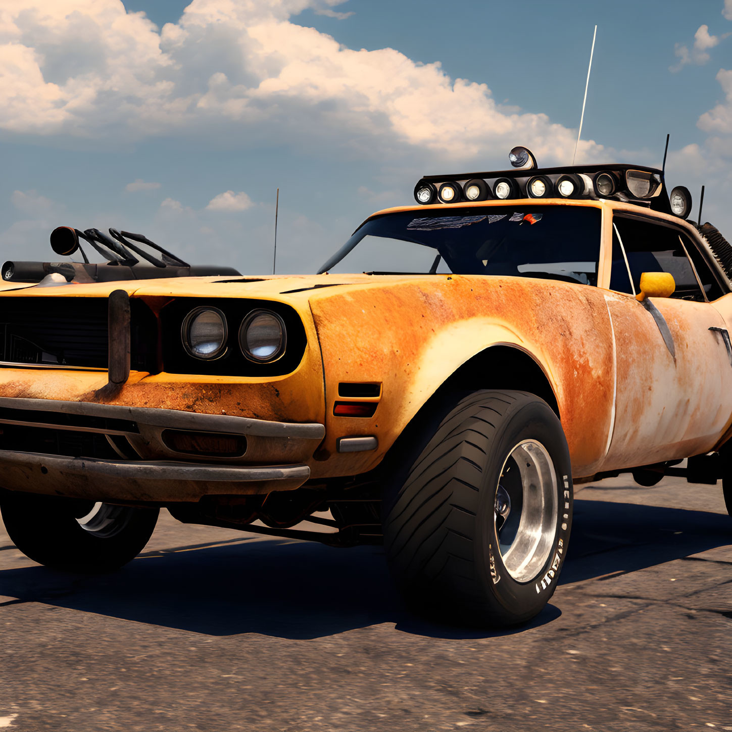 Vintage Yellow Muscle Car with Off-Road Mods in Desert Setting