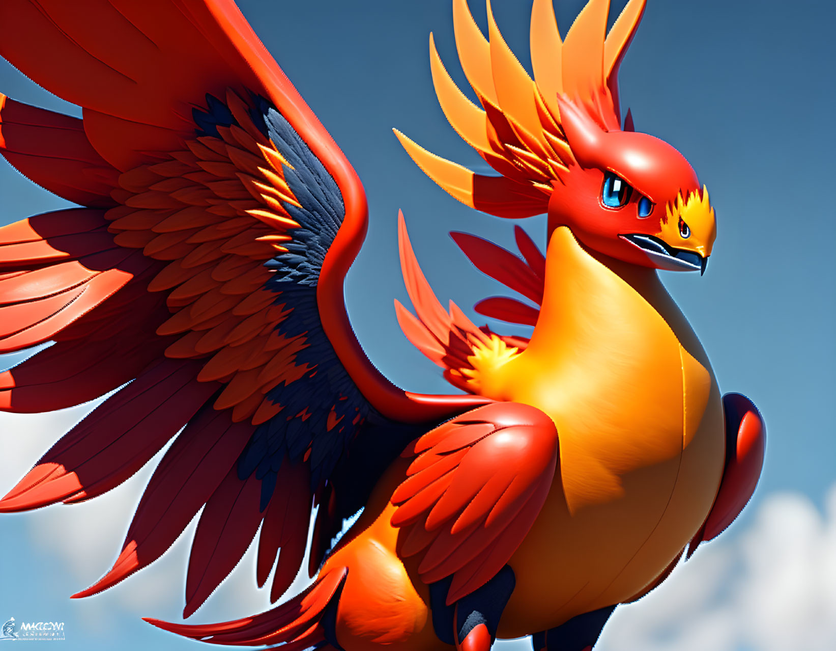 Colorful Phoenix Illustration with Majestic Wings and Intense Gaze