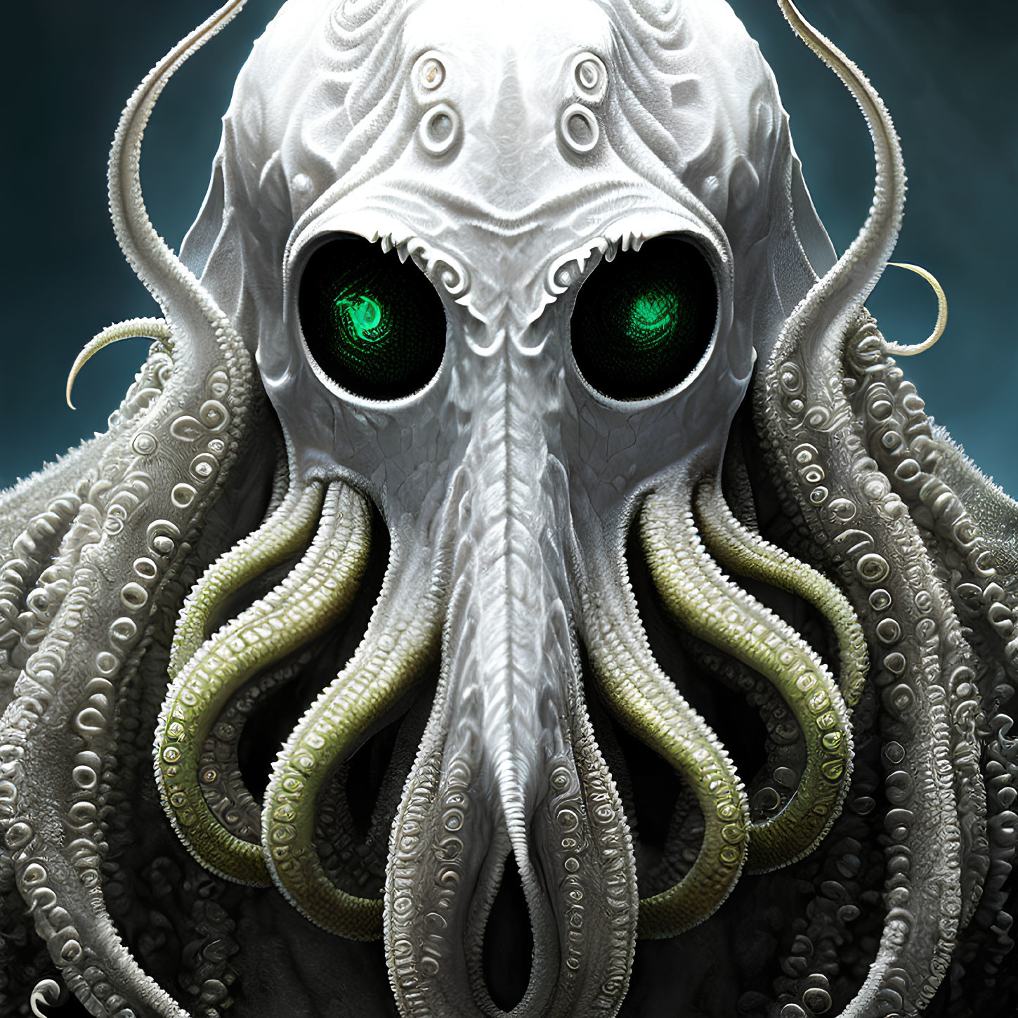 Detailed illustration of fantastical octopus-like creature with glowing green eyes