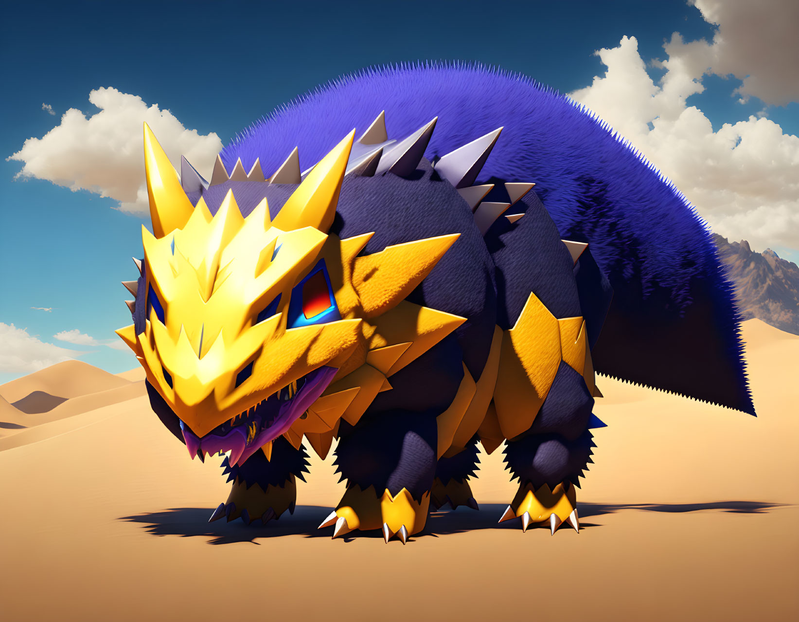 Fictional spiky creature in blue and yellow against desert backdrop