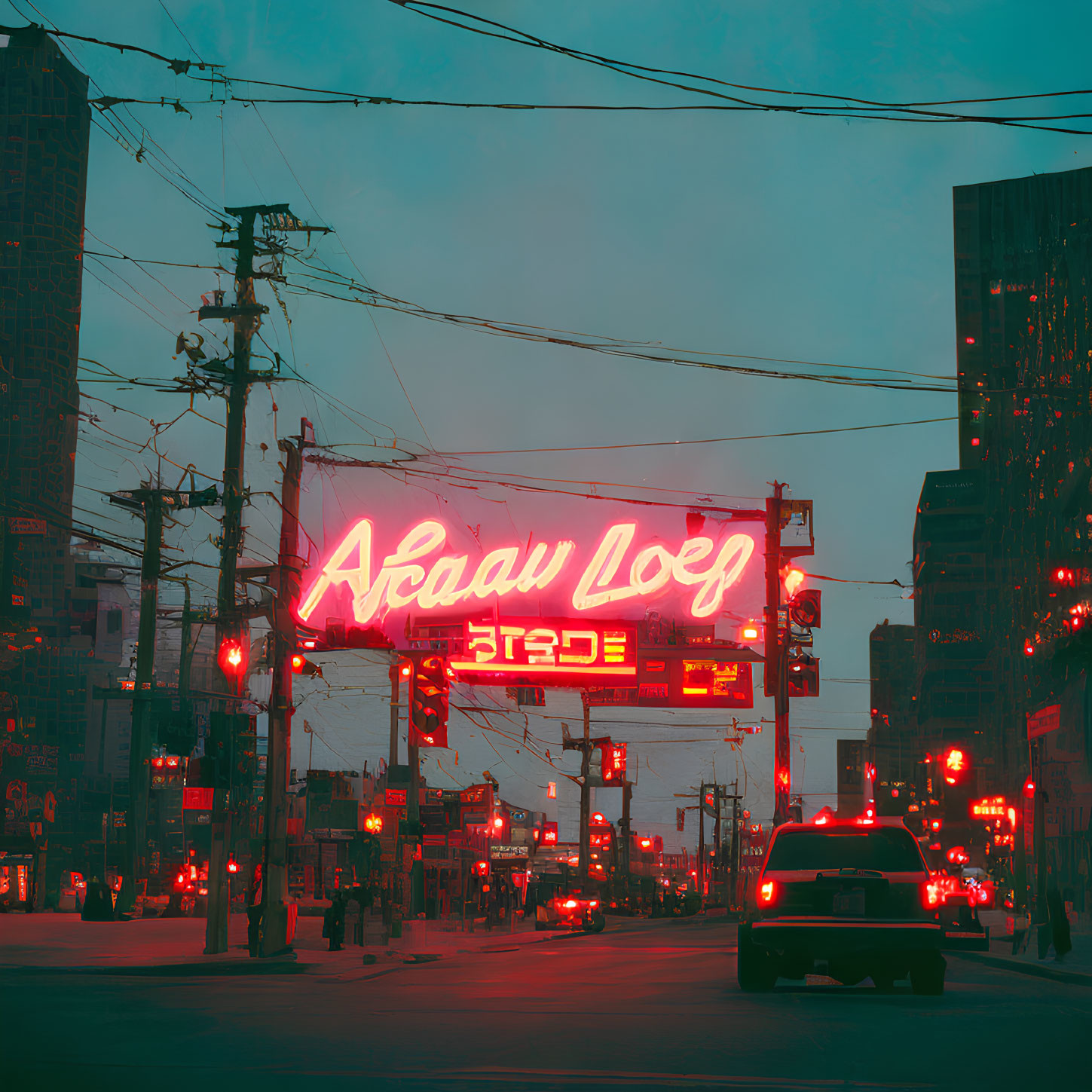Urban Twilight City Scene with Neon Sign, Cars, and Dusky Sky