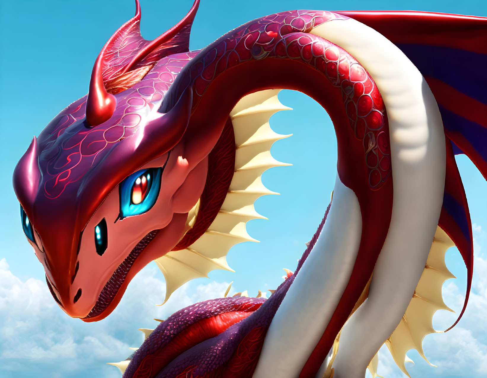 Colorful Red Dragon with Blue Eyes and White Underbelly in Clear Blue Sky