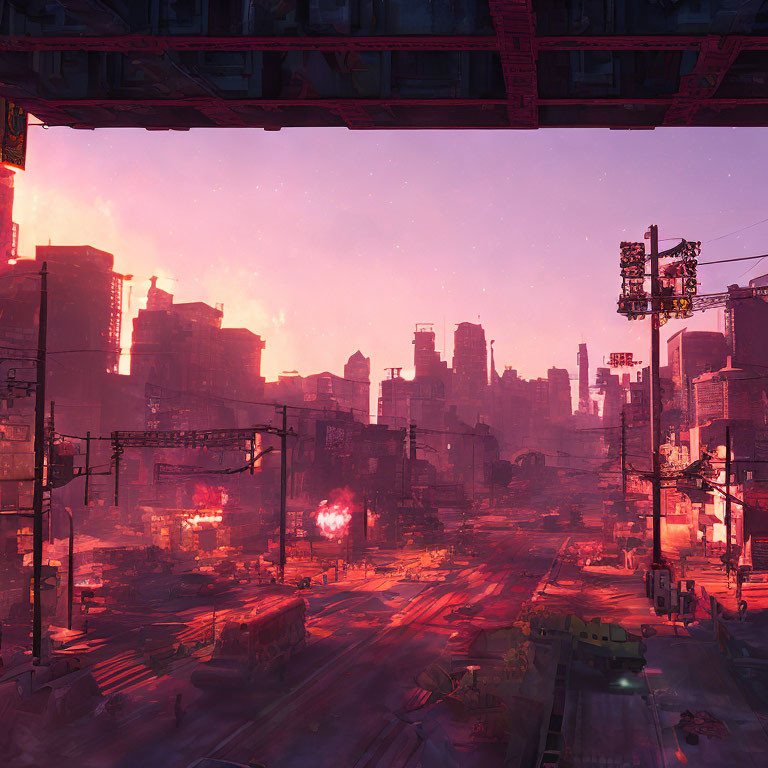 Dystopian cityscape with towering buildings and neon signs at sunset