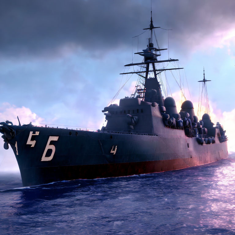Military warship number 46 sailing at dusk under dramatic sky