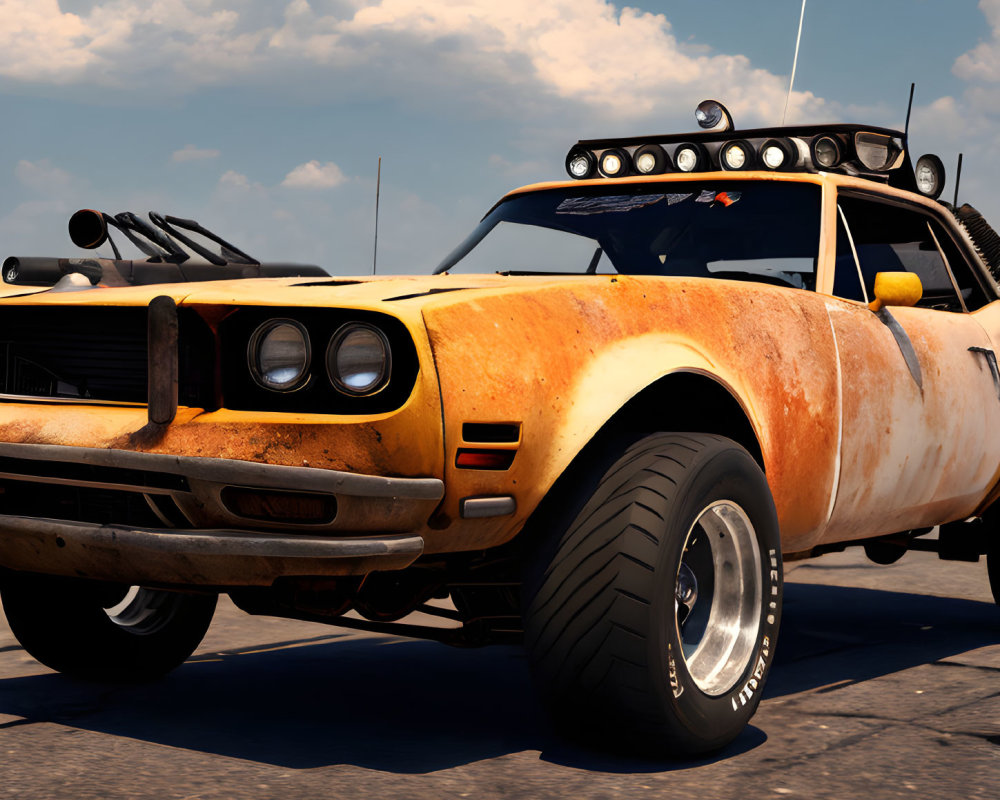 Vintage Yellow Muscle Car with Off-Road Mods in Desert Setting