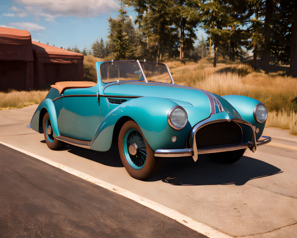 Vintage Turquoise Convertible with Cream Accents and White-Wall Tires on Asphalt Road