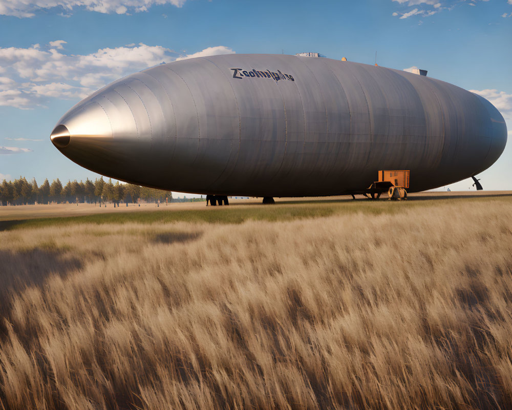 Large airship with "Zeppelin" on grassy field under clear blue sky