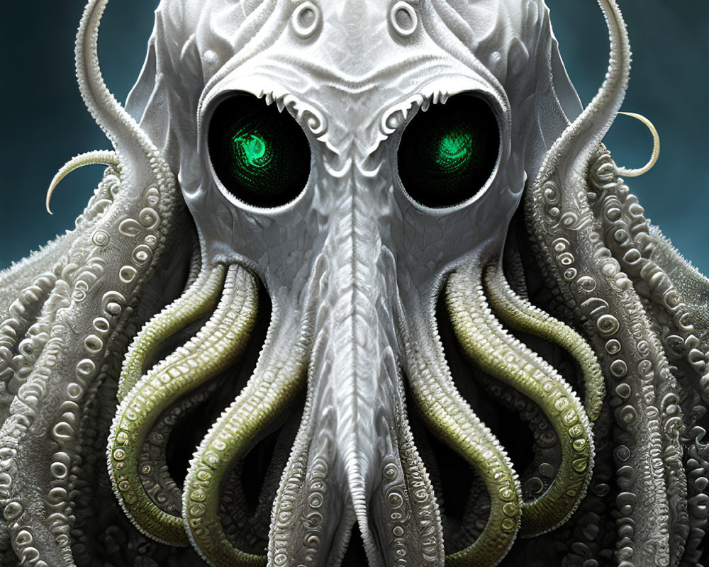 Detailed illustration of fantastical octopus-like creature with glowing green eyes