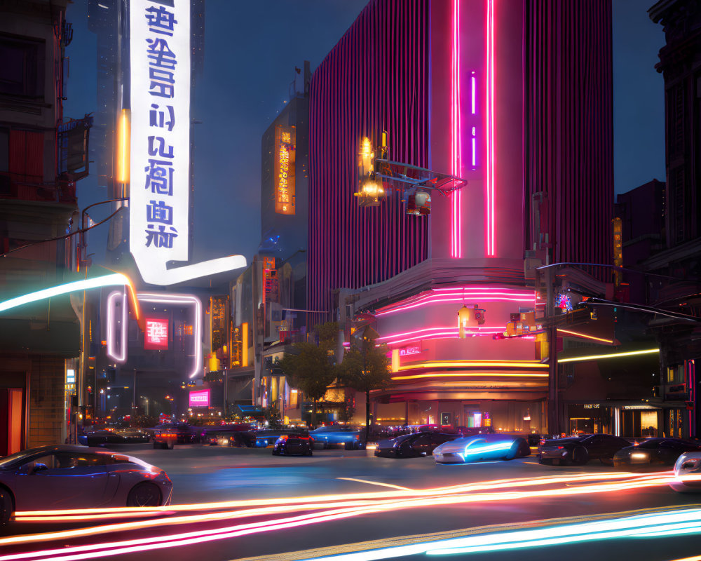 Vibrant neon-lit cityscape with foreign signs, sleek cars, and light streaks