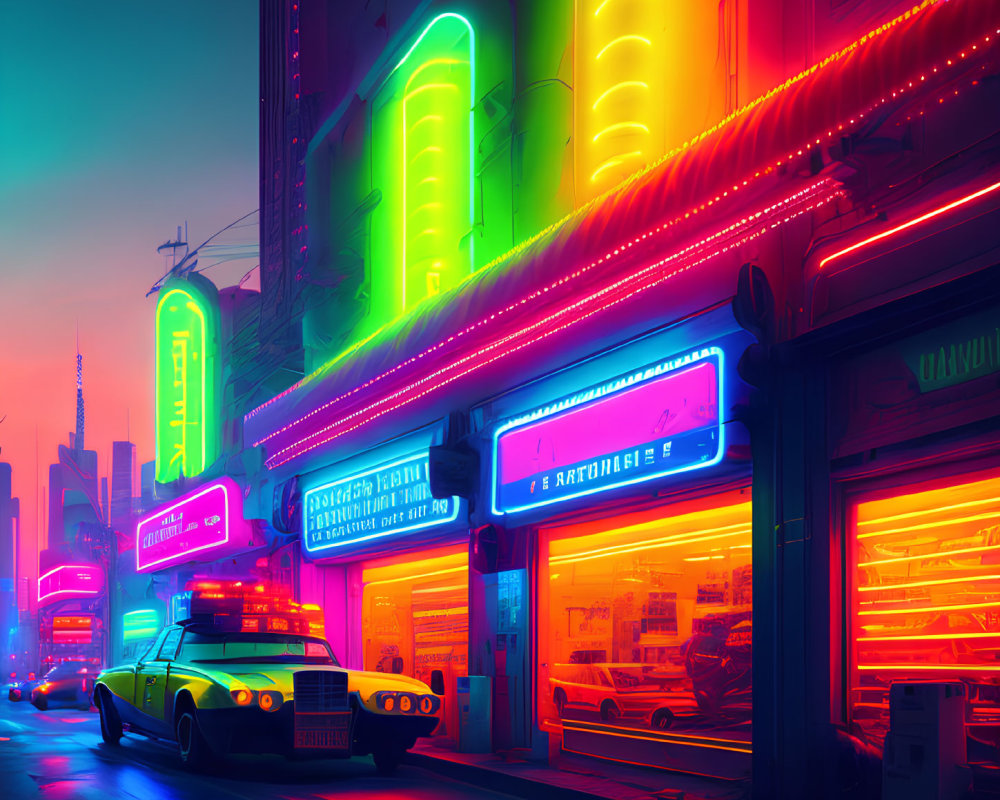 Neon-lit Street at Dusk with Cyberpunk Aesthetic