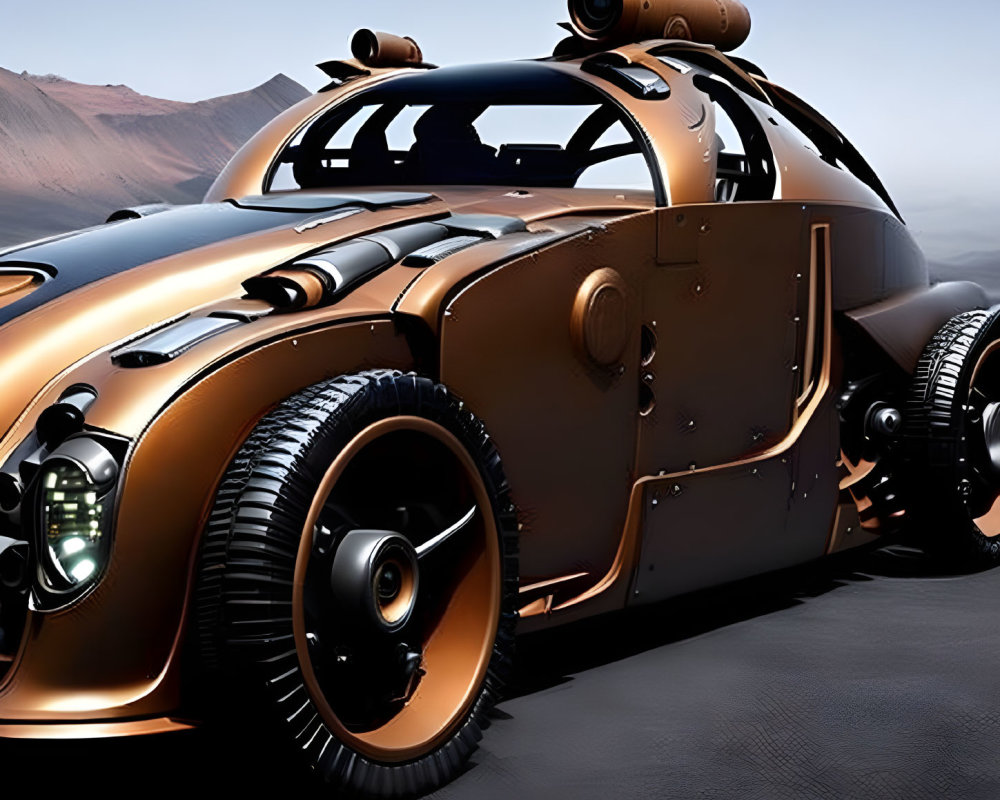 Futuristic steampunk-style car in desert setting