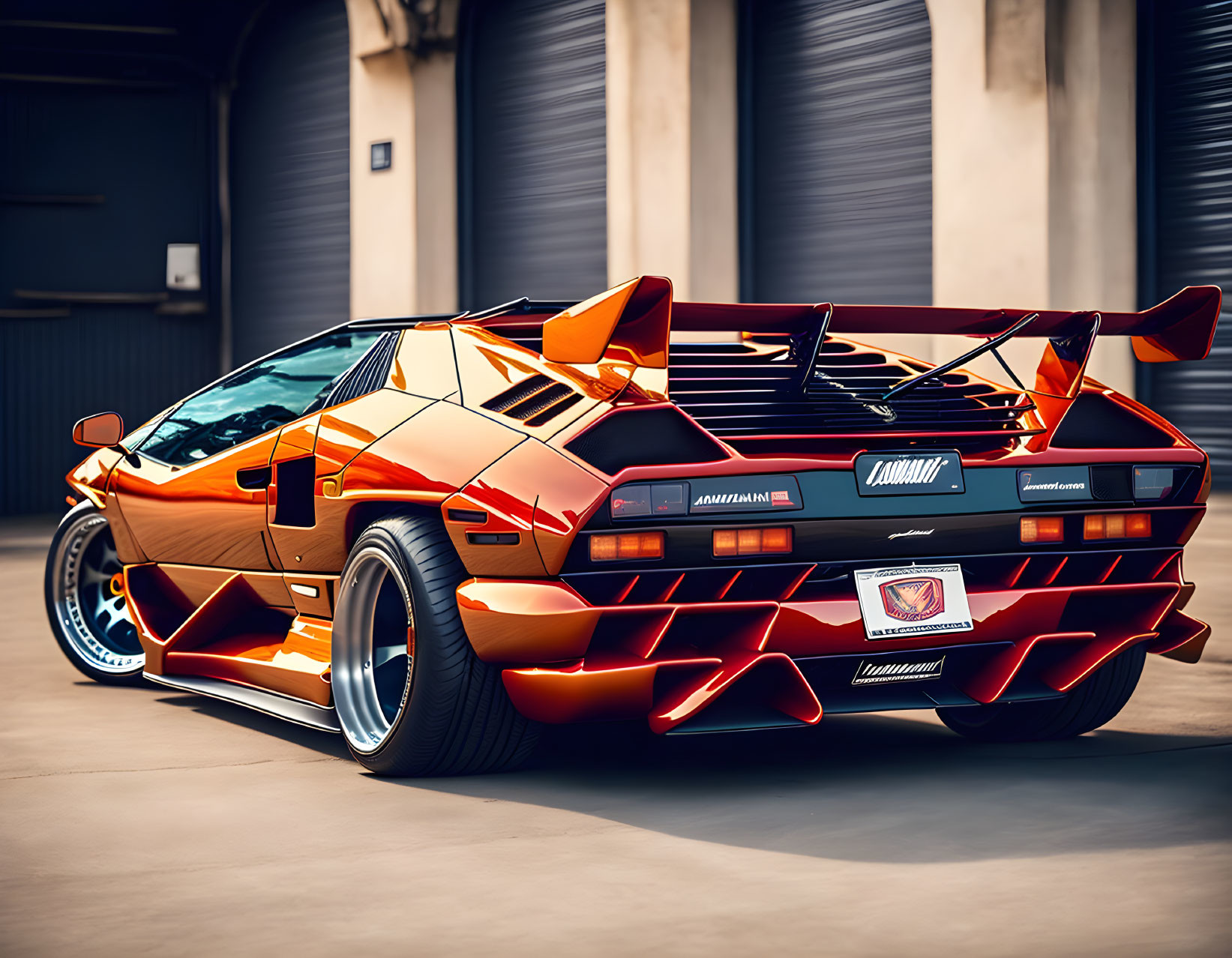 Orange Lamborghini Countach with Blue-Accented Wheels in Industrial Setting