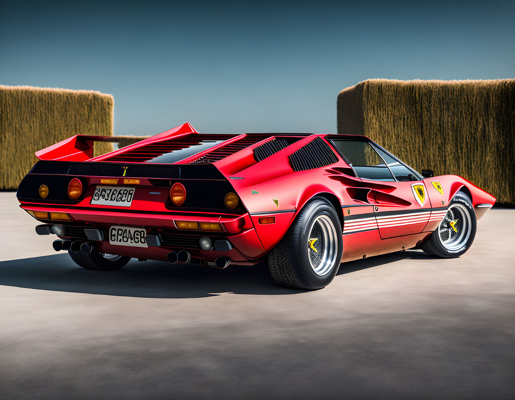 Red Ferrari 288 GTO with rear wing and circular taillights parked against minimalist backdrop with hay