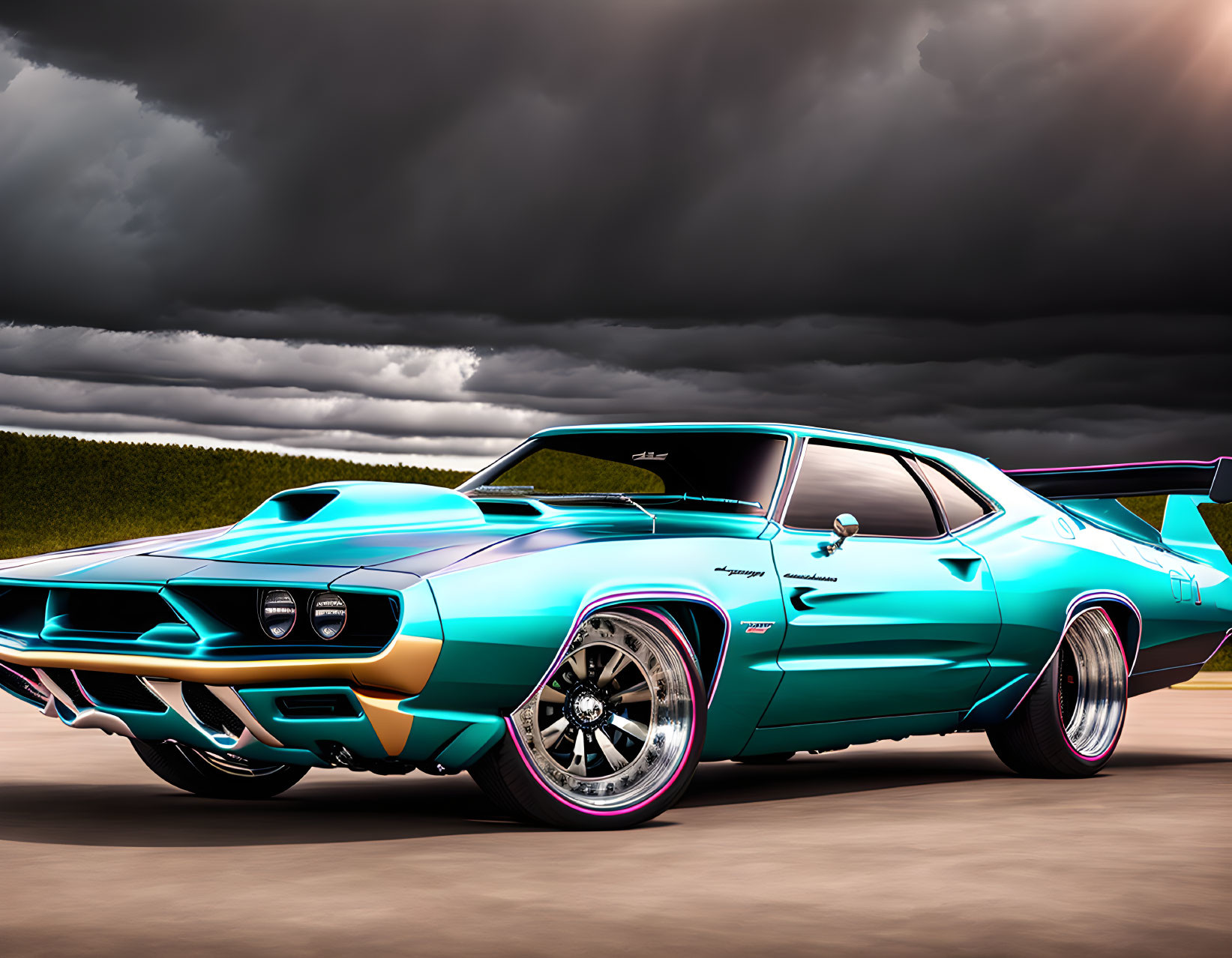 Vintage muscle car with turquoise paint and custom wheels under dramatic cloudy sky