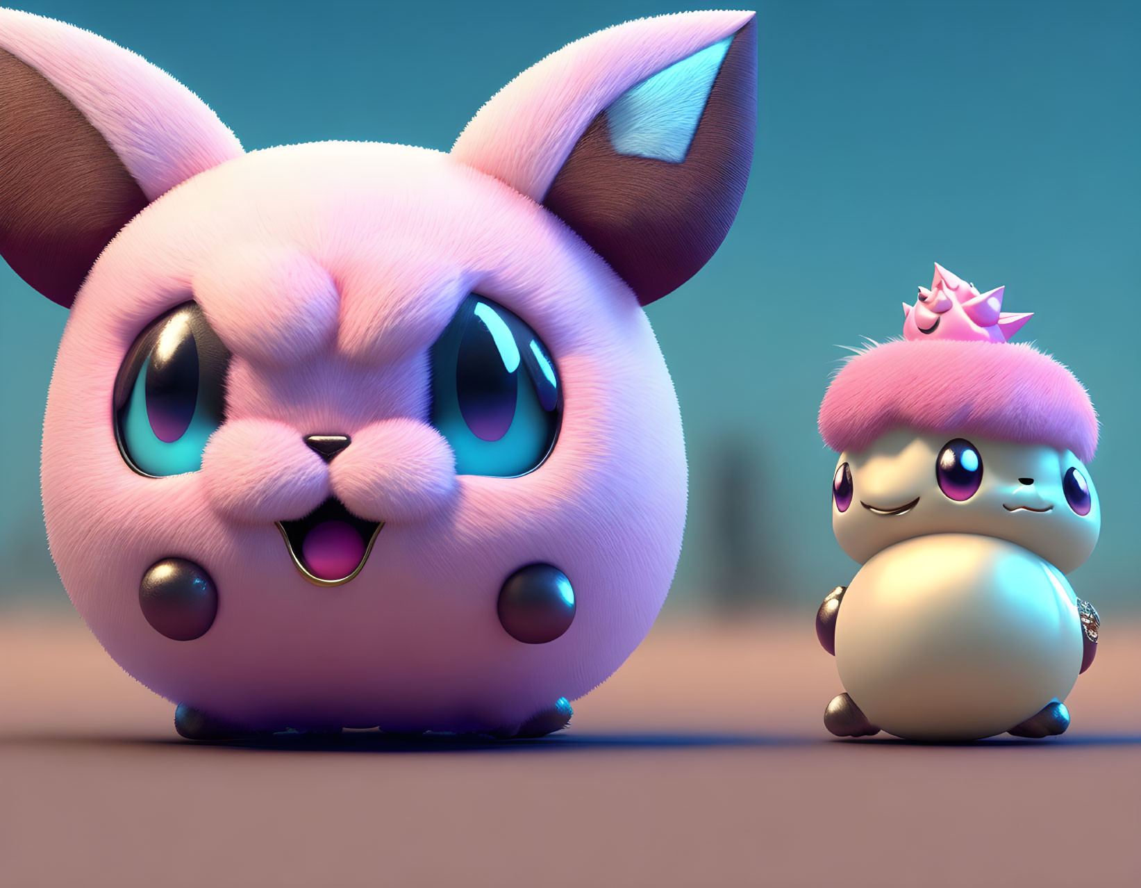 Stylized 3D animated creatures: Large pink and small crowned.