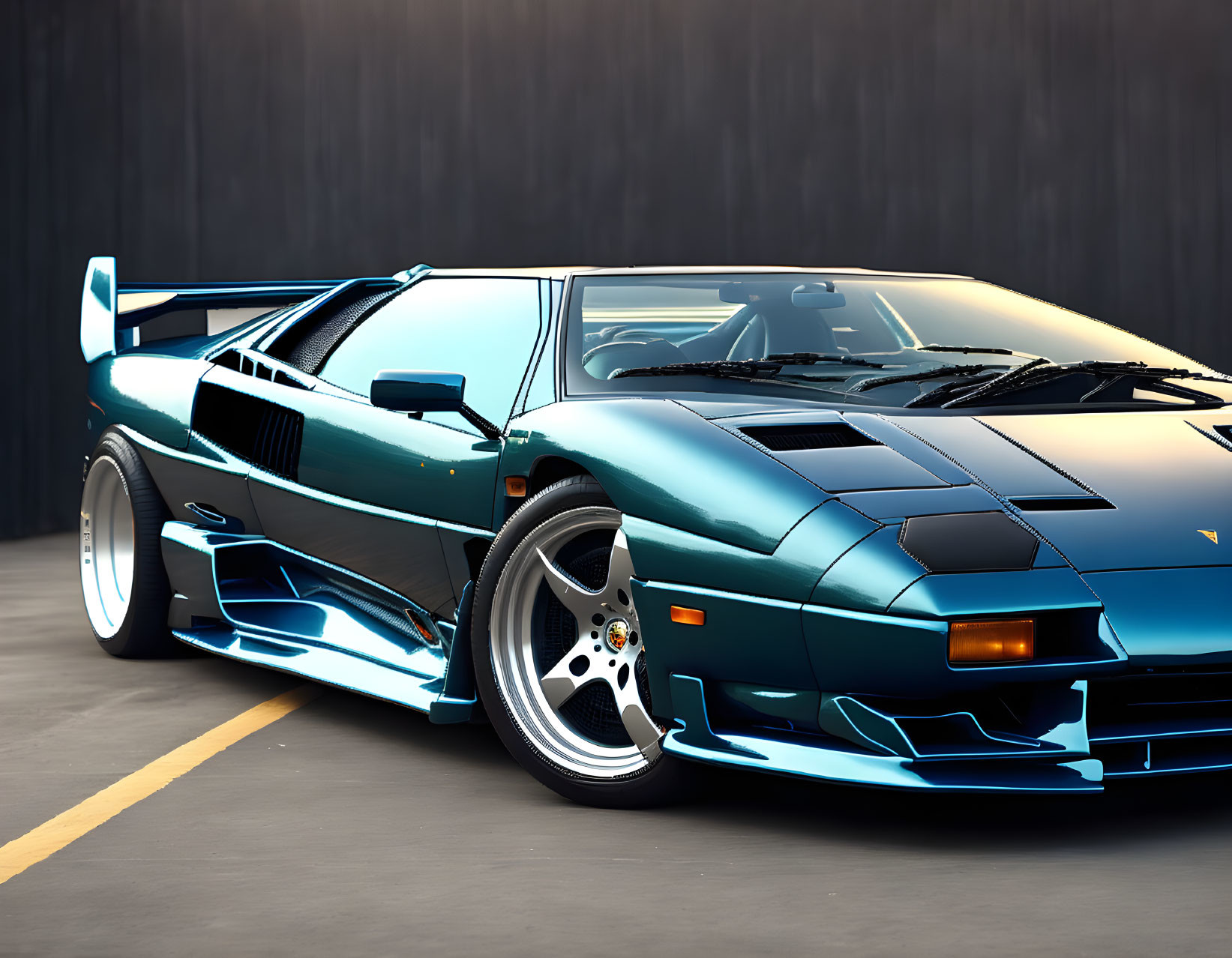 Teal Lamborghini Countach with large rear wing in grey backdrop