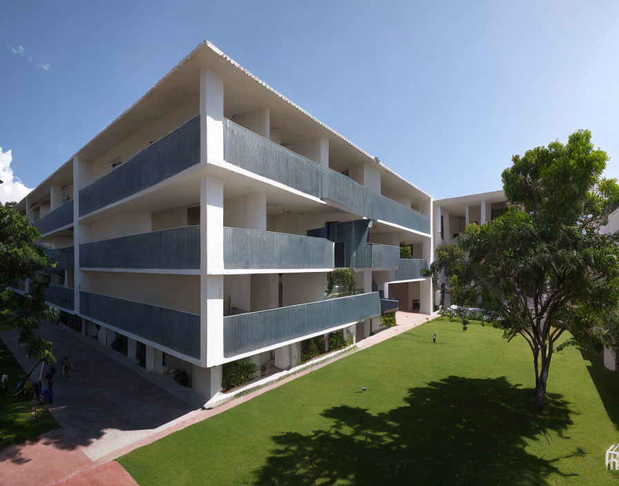 Modern multi-level educational building with spacious balconies, large windows, and tree-filled courtyard.