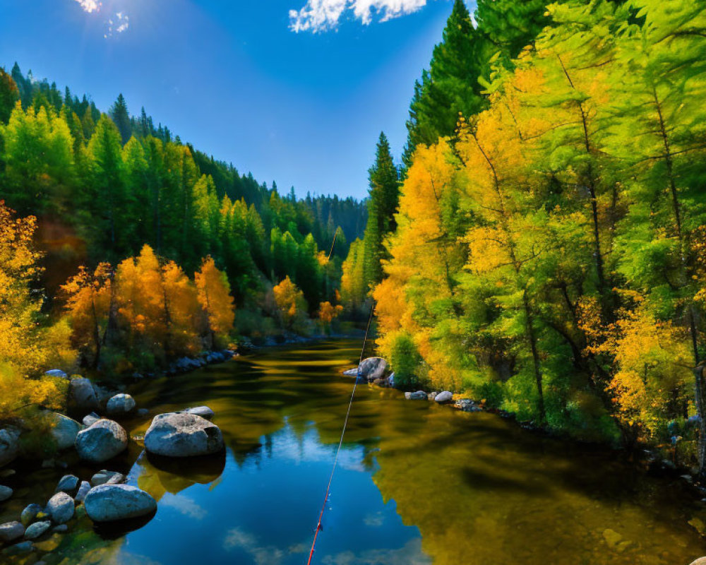 Tranquil river in vibrant autumn forest with blue sky and changing leaf colors