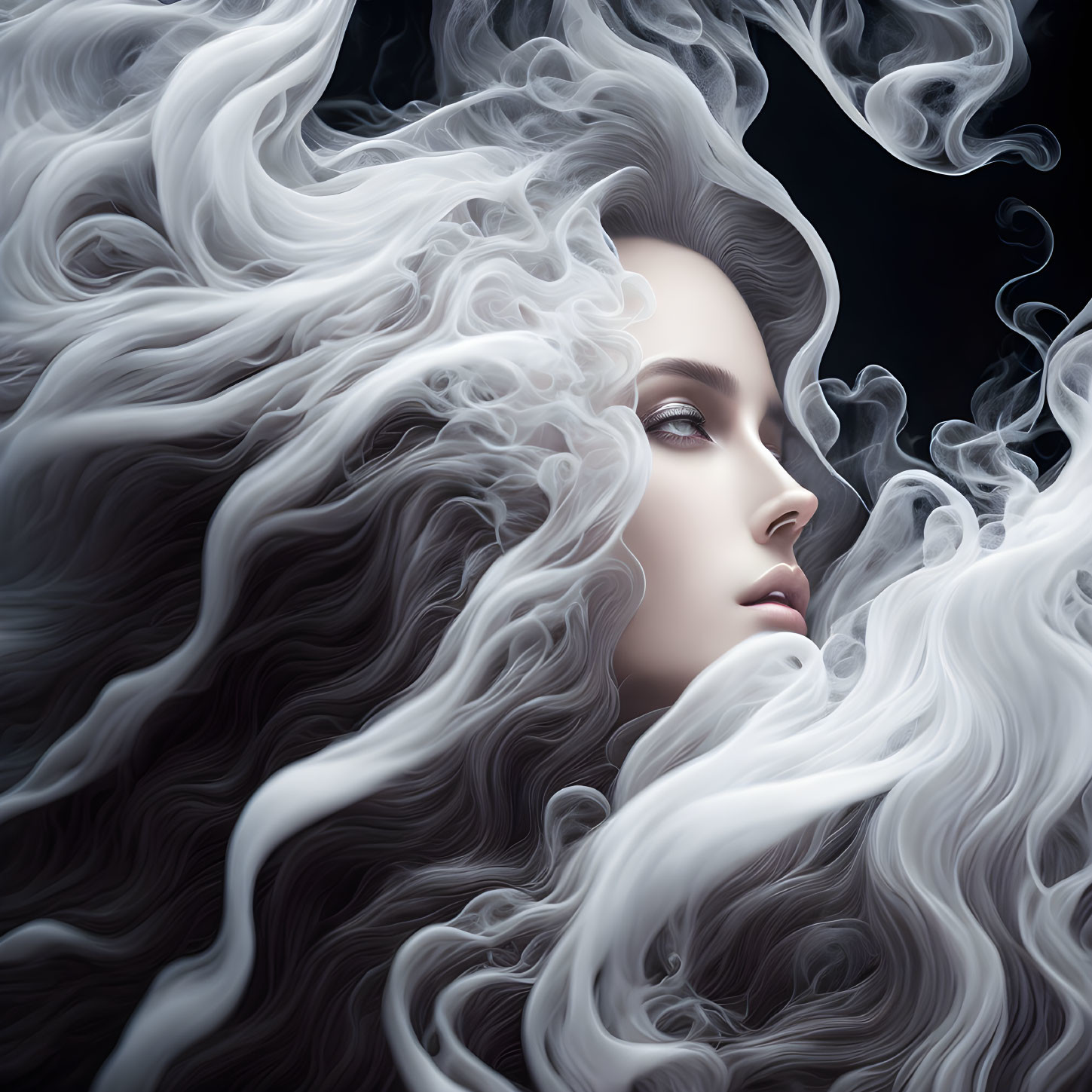 Digital artwork: Woman with voluminous white hair blending into smoke on dark background
