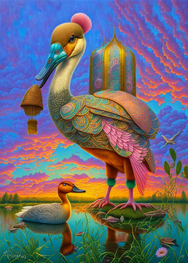 Colorful Surreal Painting of Stylized Bird by Lake at Sunset
