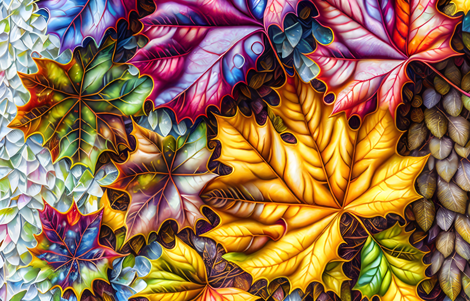 Colorful Autumn Leaves with Detailed Textures and Intricate Patterns