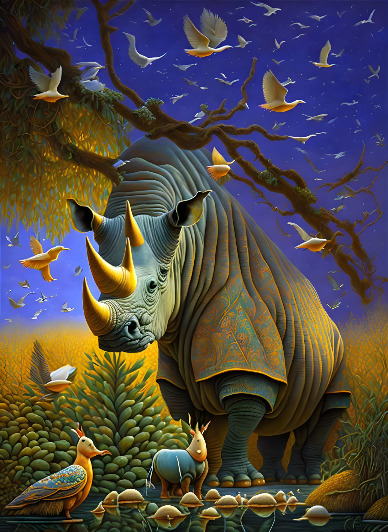 Detailed Rhinoceros Illustration Among Various Animals and Birds at Twilight
