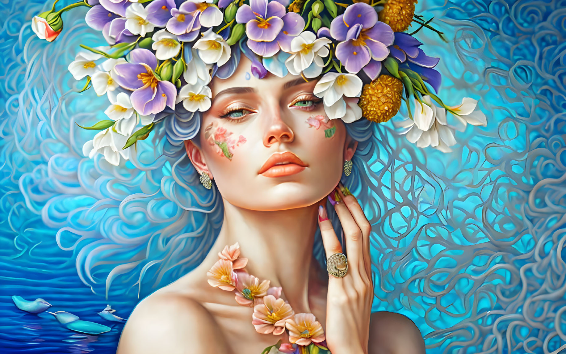 Surreal portrait of woman with flower crown and tattoos on swirling blue background