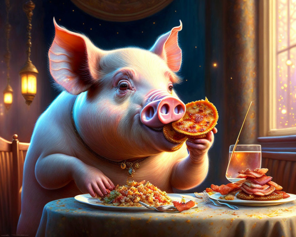 Anthropomorphic pig dining on pizza, rice, and bacon at elegant table