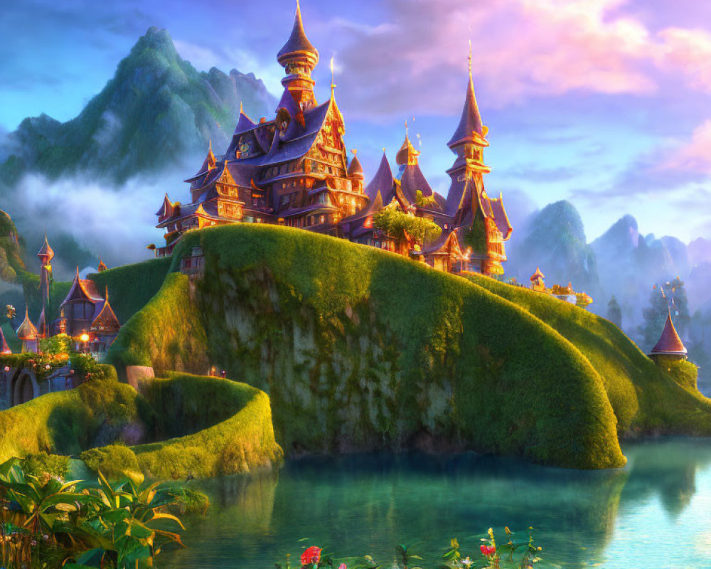 Majestic fantasy castle on lush hill by serene lake at sunrise or sunset