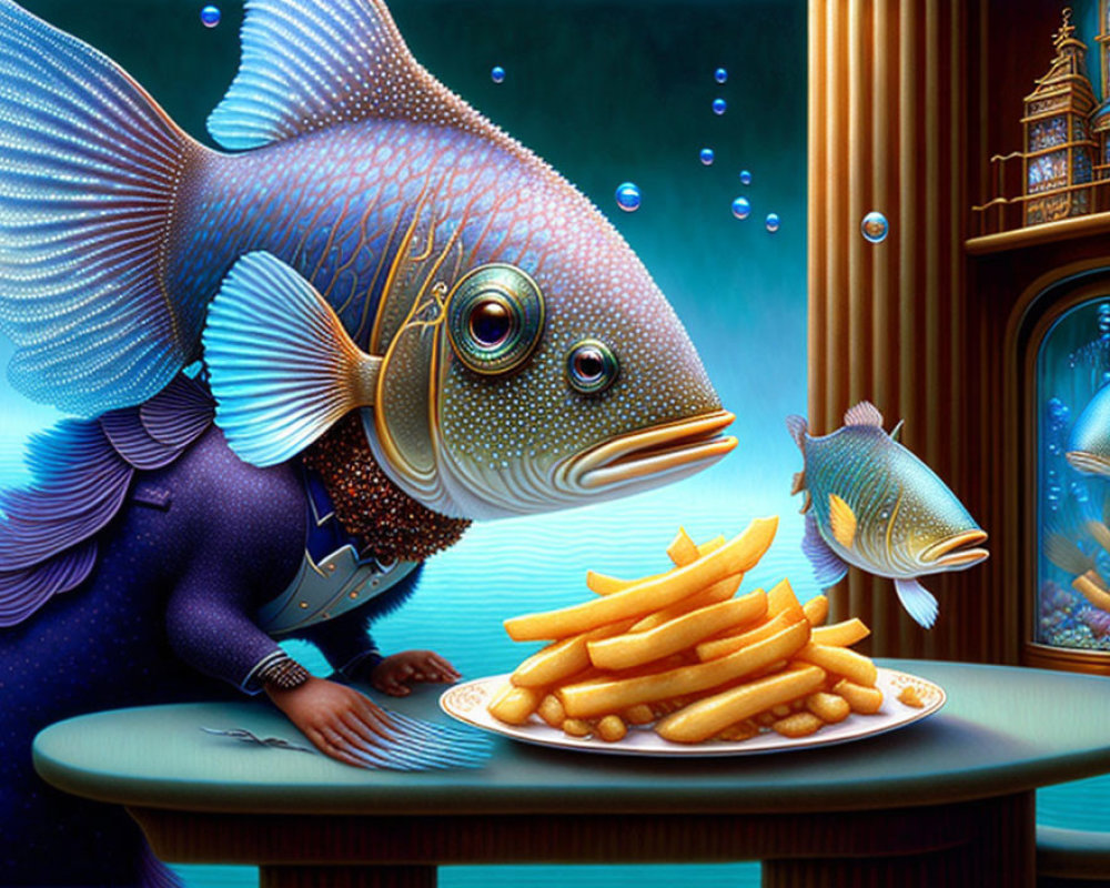 Anthropomorphic fish in suit eyes French fries at table