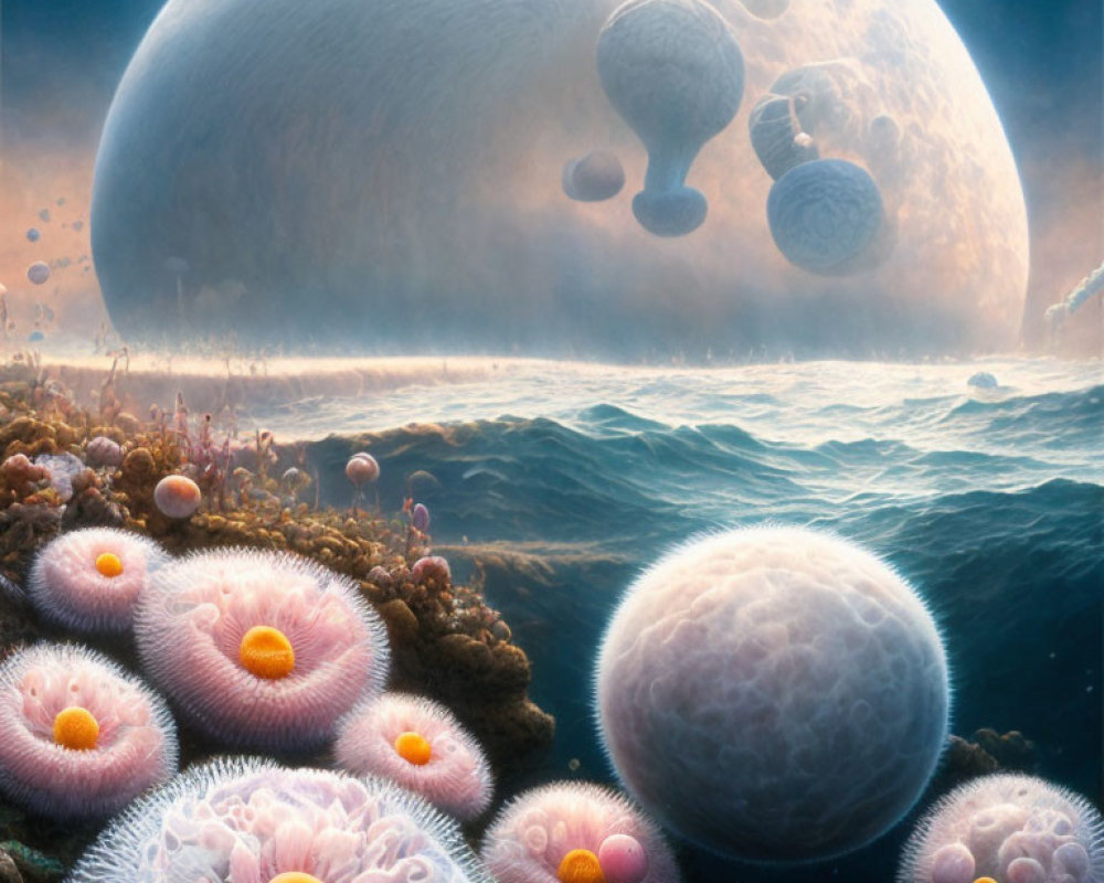 Surreal landscape with sea anemone-like organisms and moon in hazy sky