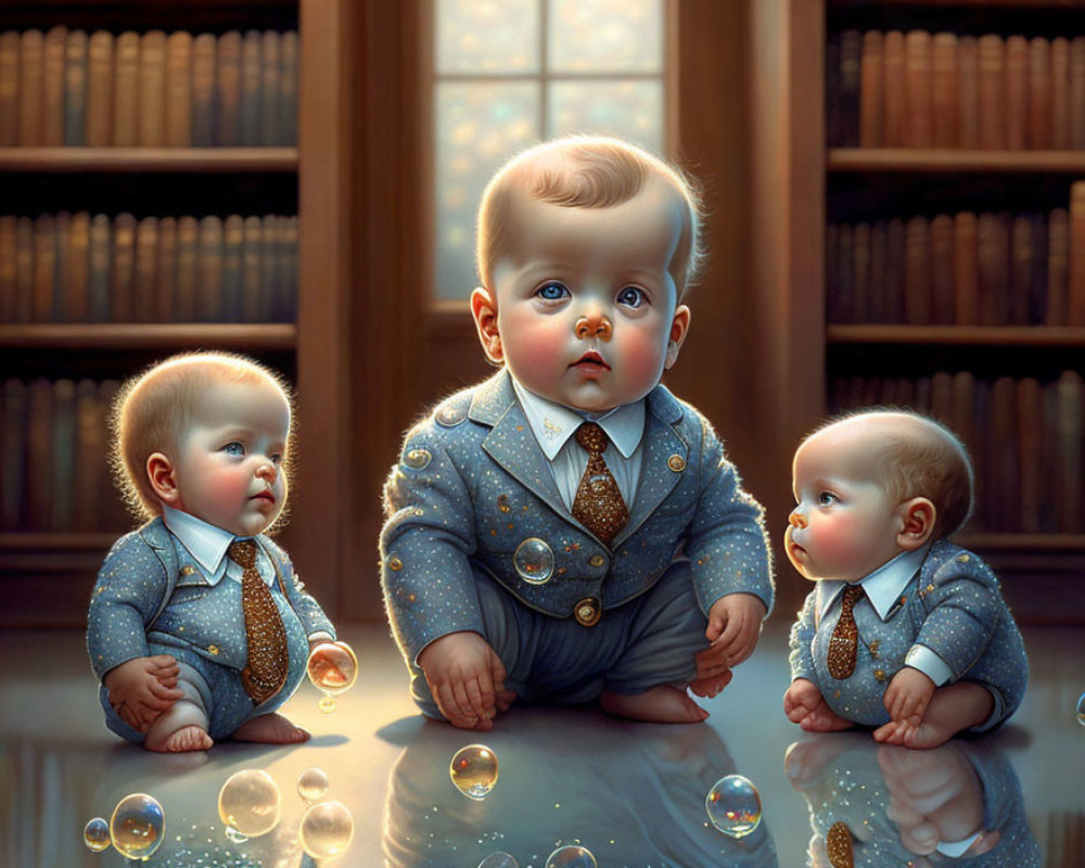 Realistic Animated Babies in Suits with Bubbles on Shiny Surface
