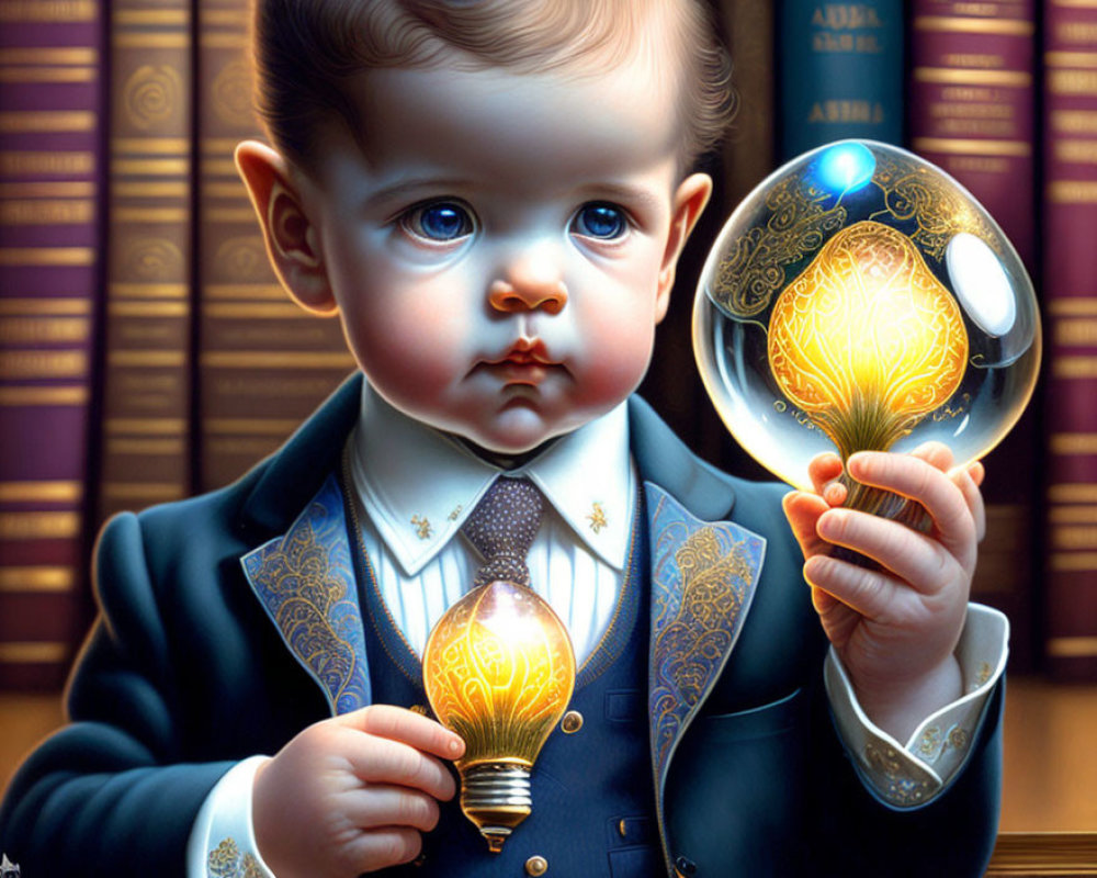 Baby in Suit Holding Glowing Brain Light Bulb by Bookshelf
