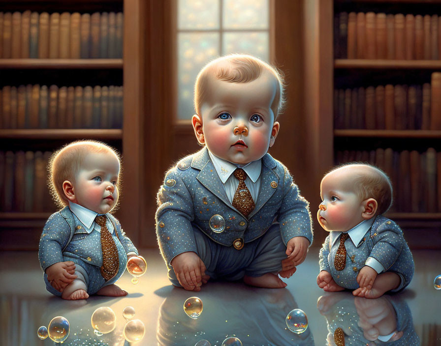 Realistic Animated Babies in Suits with Bubbles on Shiny Surface