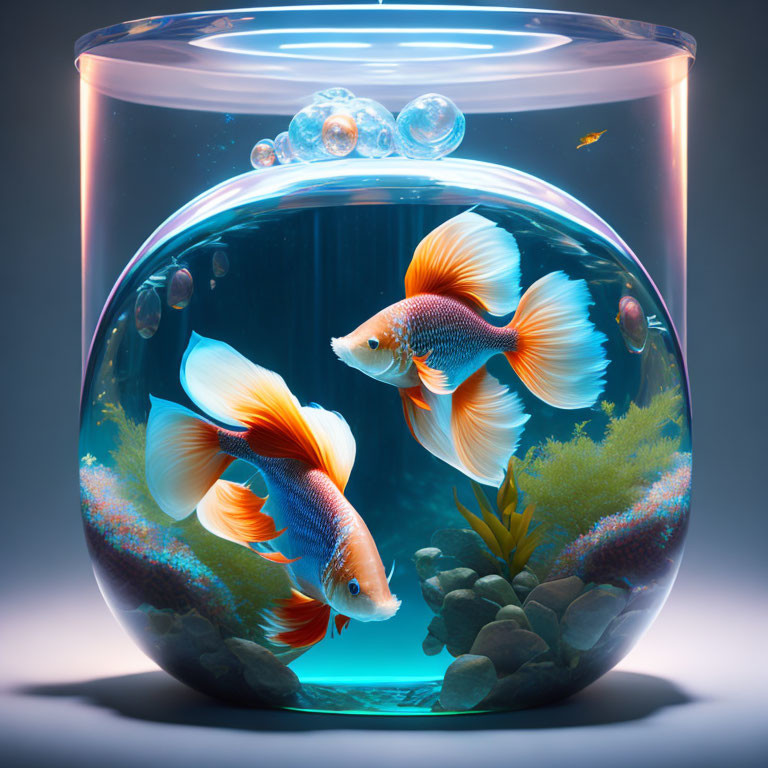Vibrant goldfish in round aquarium with plants and pebbles