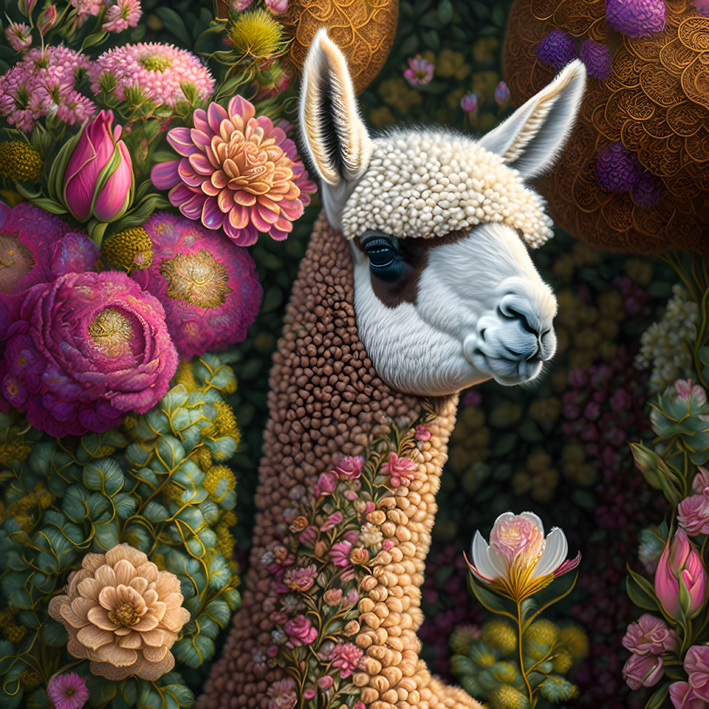 Llama illustration with floral coat on dark background
