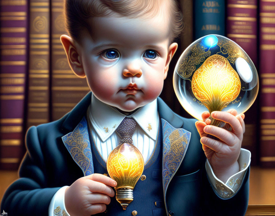 Baby in Suit Holding Glowing Brain Light Bulb by Bookshelf