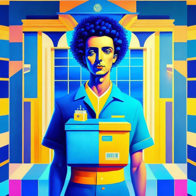 Colorful Afro Portrait with Shipping Box and Geometric Background