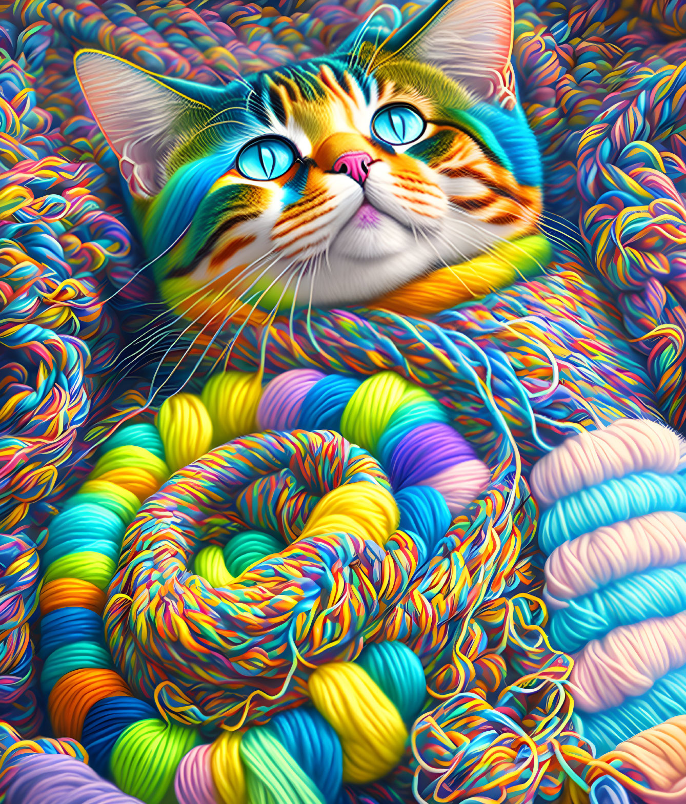 Whimsical cat face illustration with blue eyes in colorful yarn sea