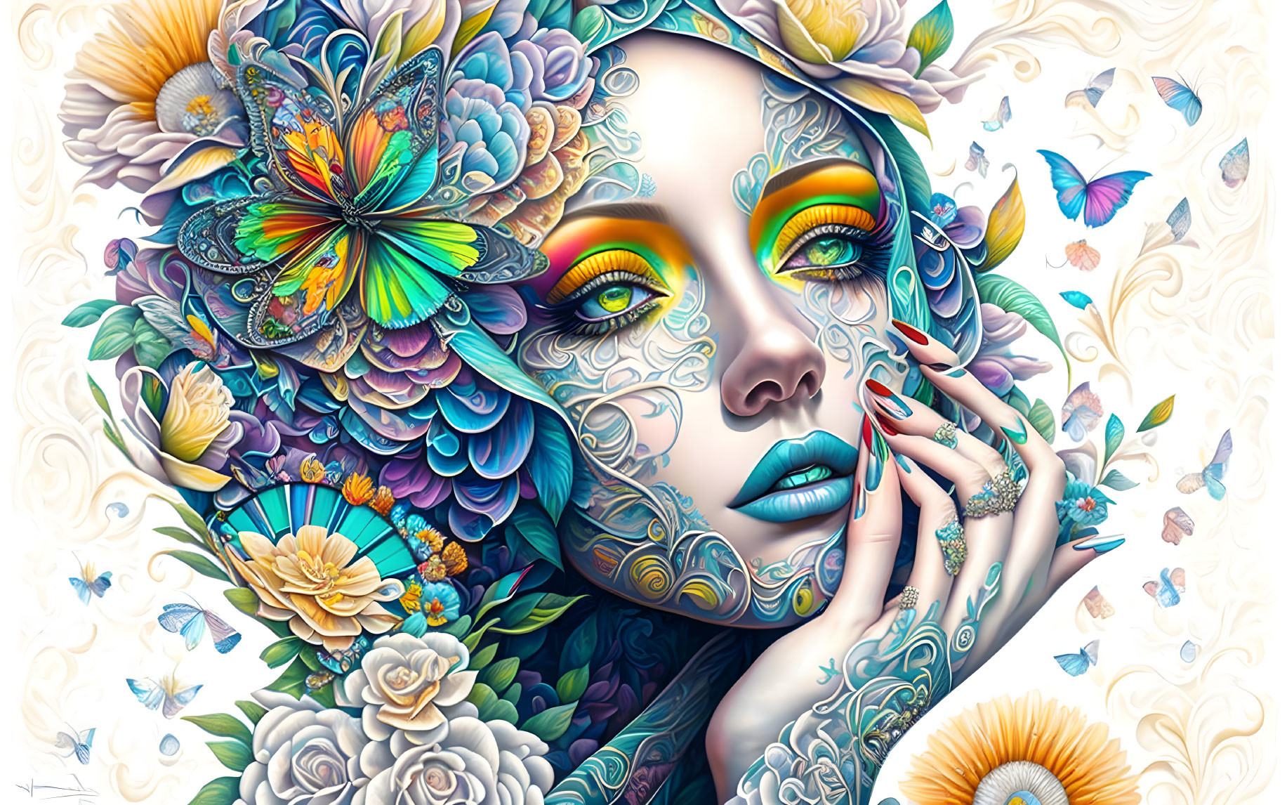 Colorful digital artwork: Woman's face with floral and butterfly motifs