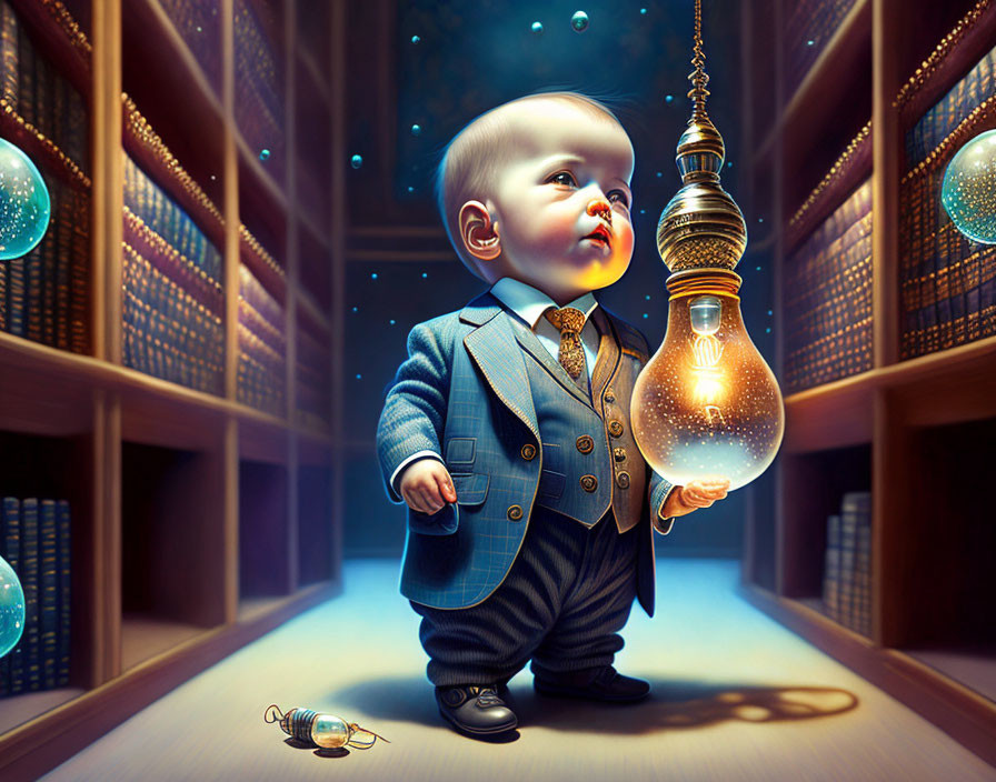 Baby in suit in library aisle with glowing orbs and lightbulb above turtle