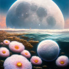 Surreal landscape with sea anemone-like organisms and moon in hazy sky