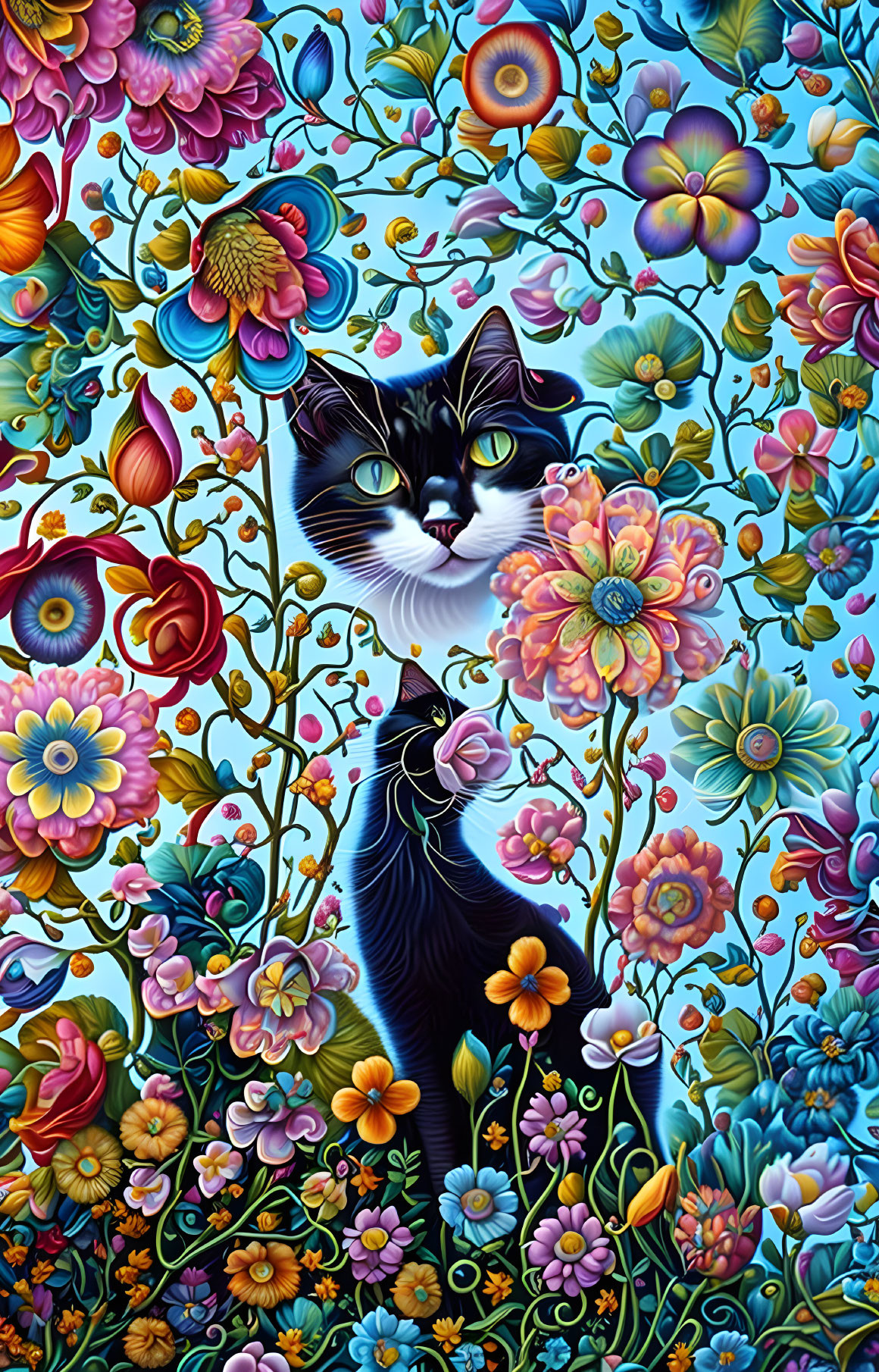 Colorful Flower Camouflage with Black and White Cat