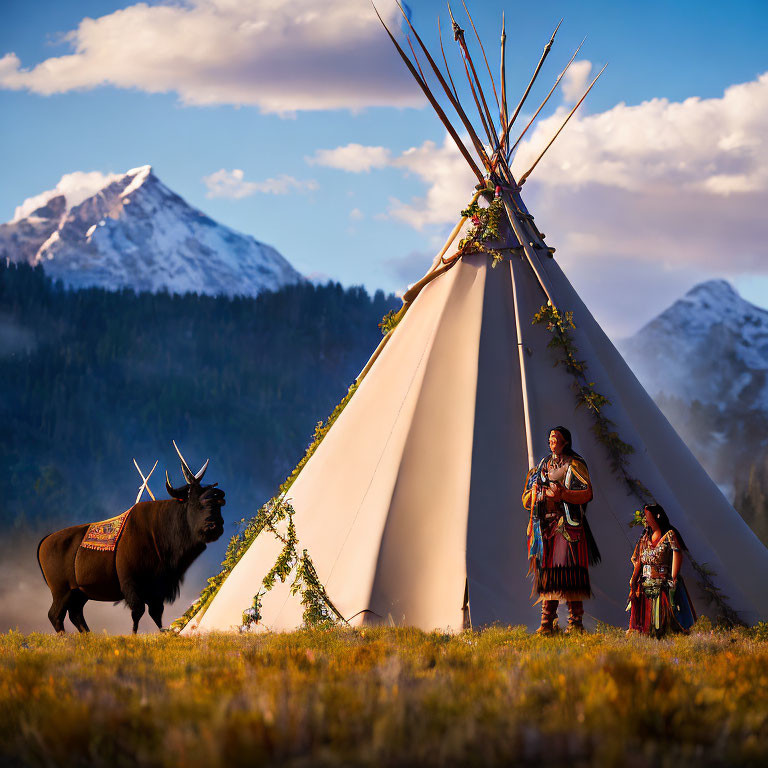 Native American individuals in traditional attire by tipi with bison and snowy mountains at dusk