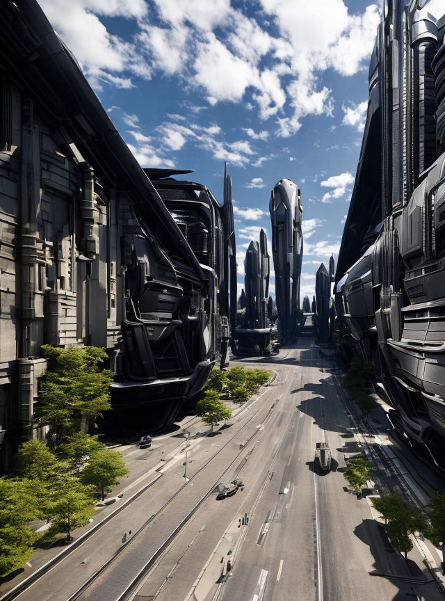 Futuristic cityscape with tall buildings, greenery, and pedestrians