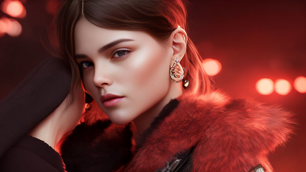 Striking woman with fur collar and ornate earring on red background